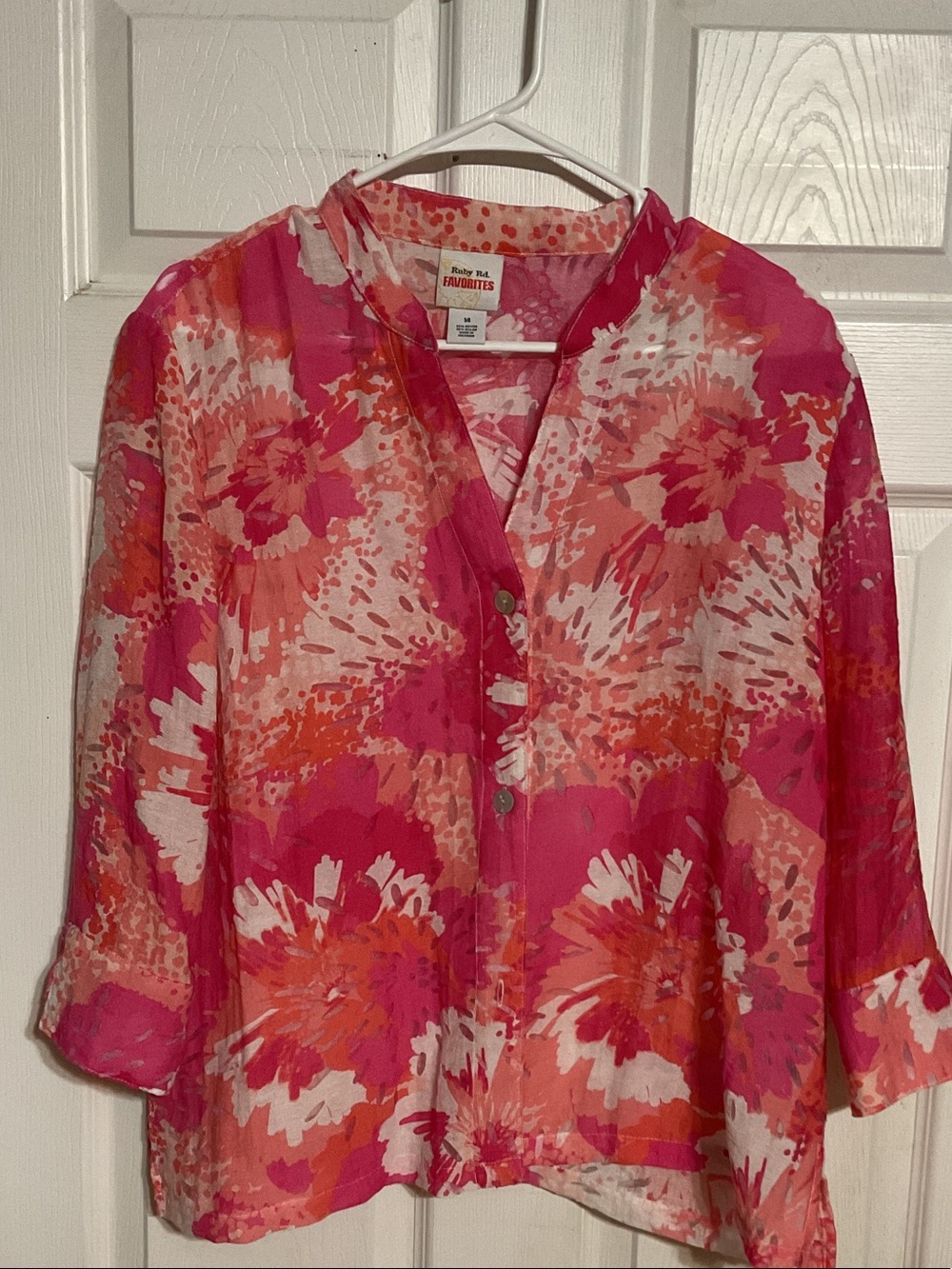 Ruby Rd. Favorites Pink & Orange Floral Split-Neck Button Blouse size 14